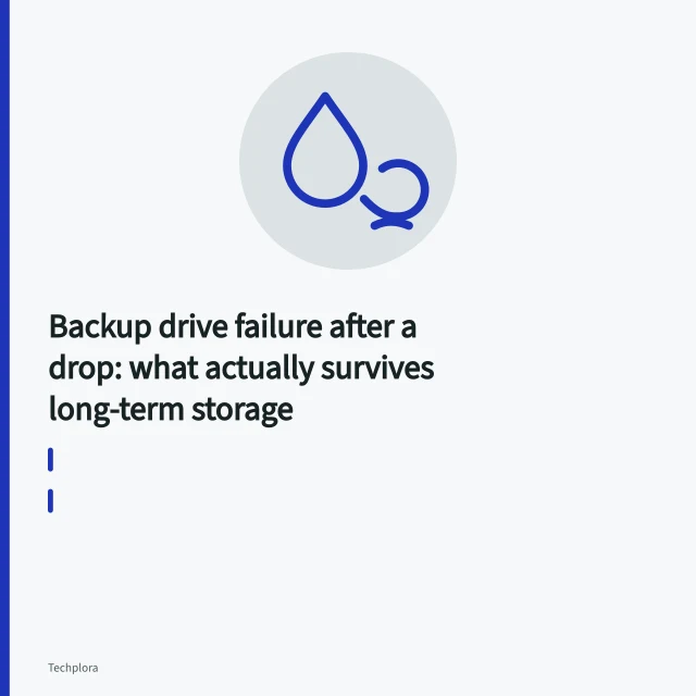 Opened portable hard drive showing scratched platters and read/write head after a drop. Backup drive failure after a drop: what actually survives long-term storage