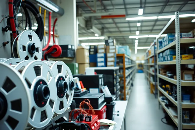 Component reels and parts bins at an electronics trade counter. Birmingham electronics distribution and repair businesses serving the West Midlands