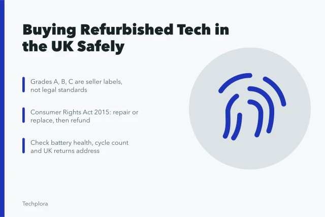 Card explaining UK refurbished tech grades, warranties and buyer protections. How to buy refurbished tech in the UK with warranties and grading explained