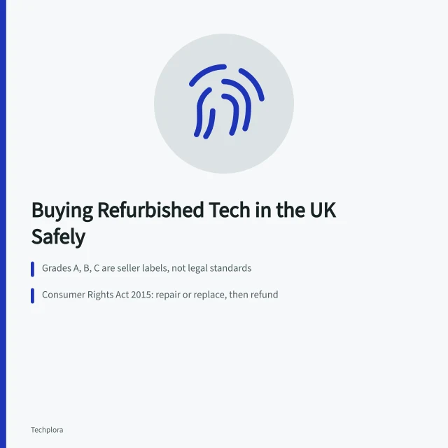 Card explaining UK refurbished tech grades, warranties and buyer protections. How to buy refurbished tech in the UK with warranties and grading explained