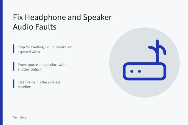 Headphones and portable speaker being tested for sound and pairing faults. Headphone and speaker faults: no sound, dropouts, and pairing failures