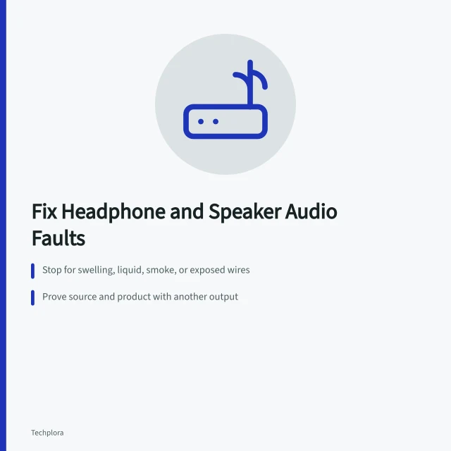 Headphones and portable speaker being tested for sound and pairing faults. Headphone and speaker faults: no sound, dropouts, and pairing failures