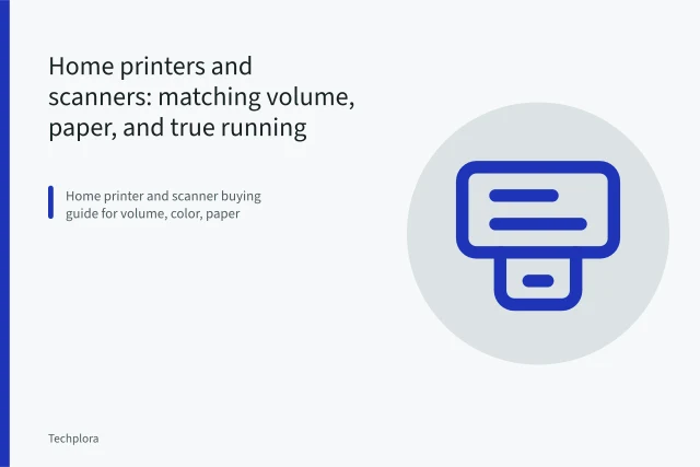 Home printer and scanner printing a color page and scanning a document. Home printers and scanners: matching volume, paper, and true running cost