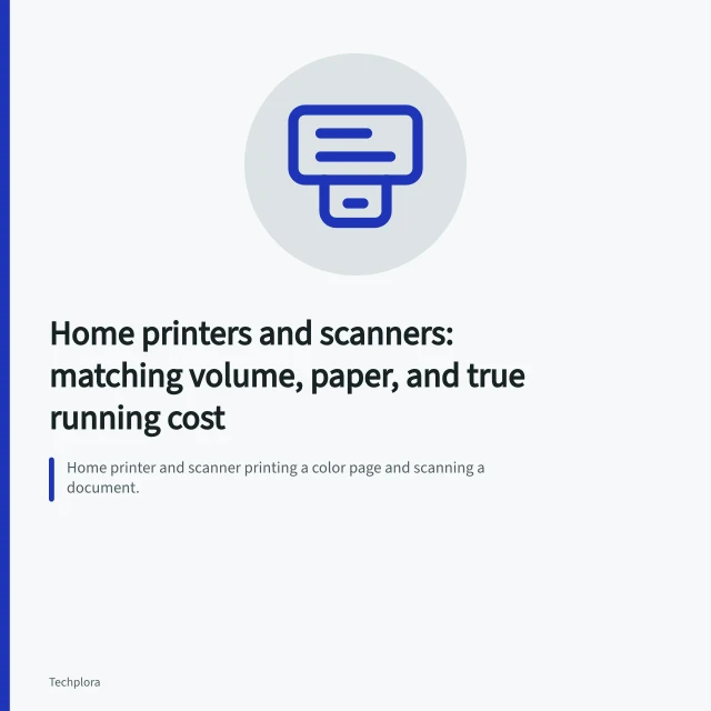 Home printer and scanner printing a color page and scanning a document. Home printers and scanners: matching volume, paper, and true running cost