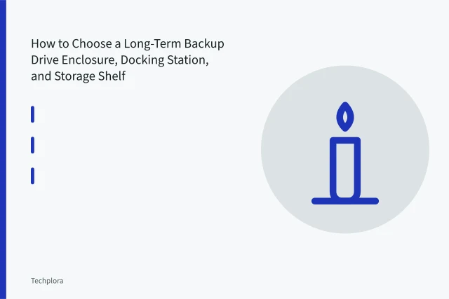 Aluminum vented backup drive enclosure on a shelf with side clearance. How to Choose a Long-Term Backup Drive Enclosure, Docking Station, and Storage Shelf