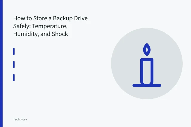 External backup hard drive stored flat in a foam-lined archive case with silica gel. How to Store a Backup Drive Safely: Temperature, Humidity, and Shock