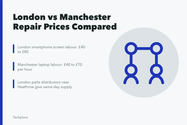 Comparison of London and Manchester repair labour rates and parts availability. London vs Manchester repair prices and turnaround times compared