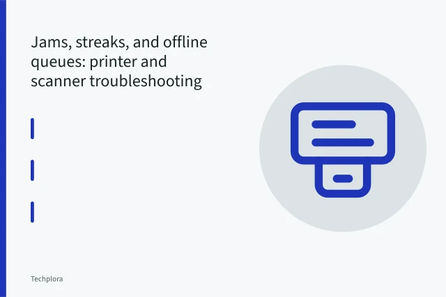 Office printer with front door open and jammed paper being removed from rollers. Jams, streaks, and offline queues: printer and scanner troubleshooting