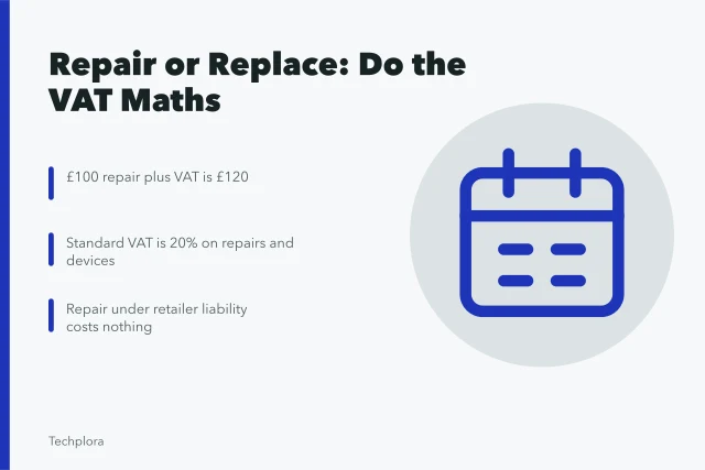 Calculator icon for comparing repair and replacement costs with VAT. Repair or replace as UK VAT and warranty rules change the maths