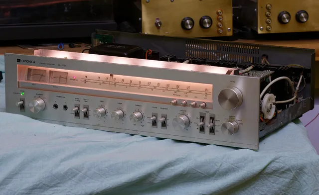 Sharp Optonica SA-2121H receiver (Euro market, made in 1978) on the bench. Needed just a small repair in protection relay circuit, otherwise fully functional after 40 years. Although the amplifier is quite pedestrian in ratings and design, this is a big and chunky piece - 550 mm wide, 14.5 kg. Building a safer electronics repair bench, zone by zone