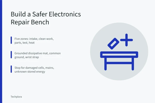 Illustration of a zoned electronics repair bench with ESD controls and lighting. Building a safer electronics repair bench, zone by zone