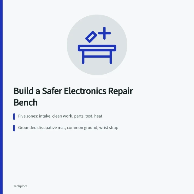 Illustration of a zoned electronics repair bench with ESD controls and lighting. Building a safer electronics repair bench, zone by zone
