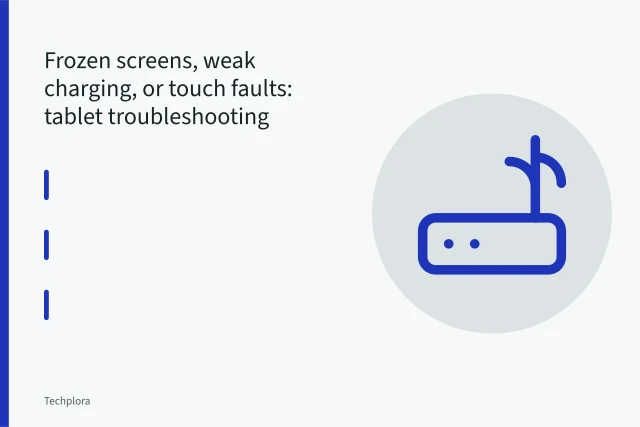Close-up of tablet charging port with cable plug and charging icon. Frozen screens, weak charging, or touch faults: tablet troubleshooting