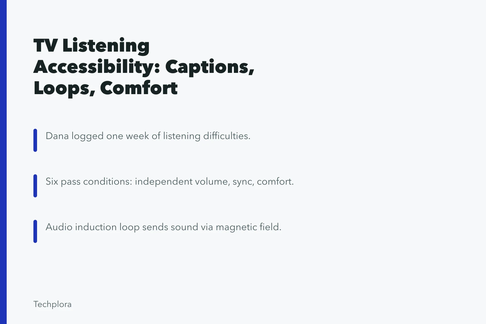 TV with captions, hearing loop, and personal amplifier for accessible listening. TV listening accessibility case: captions, loops, and shared comfort