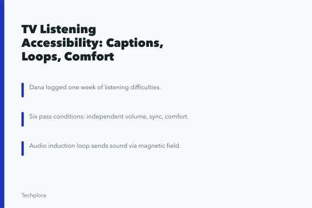 TV with captions, hearing loop, and personal amplifier for accessible listening. TV listening accessibility case: captions, loops, and shared comfort