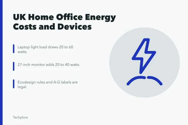 Card showing UK home office energy costs and device power use. 5 factors in UK home office energy costs and device choices