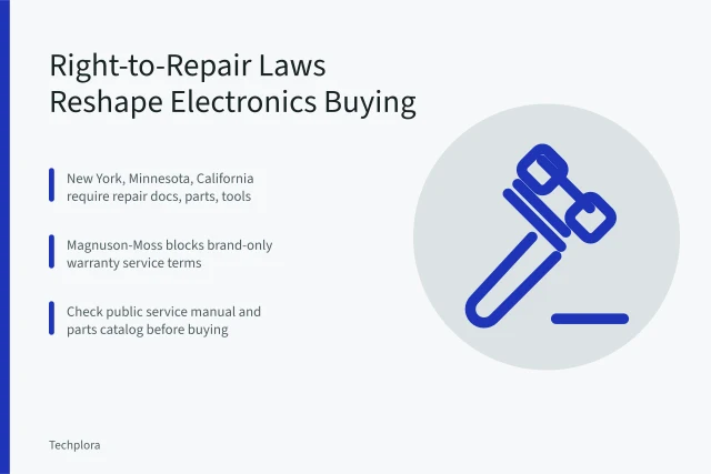 Right-to-repair law card listing state rules and warranty protections. US Right-to-Repair Laws: What They Mean for Buying Electronics