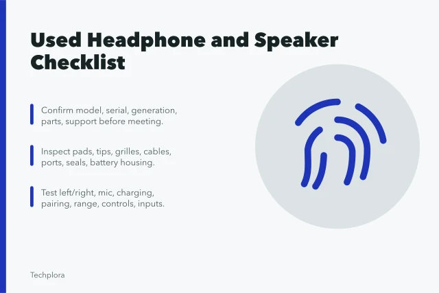 Checklist for inspecting used headphones and speakers before purchase. Used headphone and speaker checklist for fit, drivers, and safe payment