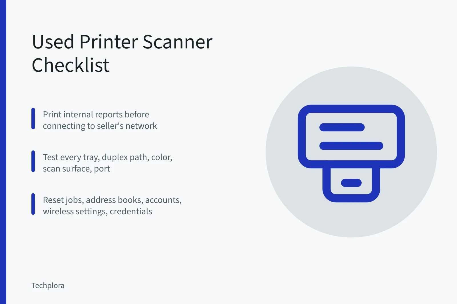 Checklist for inspecting a used printer or scanner. Checklist for a used printer or scanner: page counts, drums, and ports