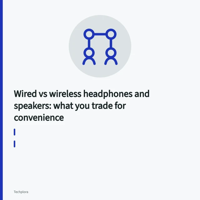 Wired and wireless headphones next to a portable speaker. Wired vs wireless headphones and speakers: what you trade for convenience