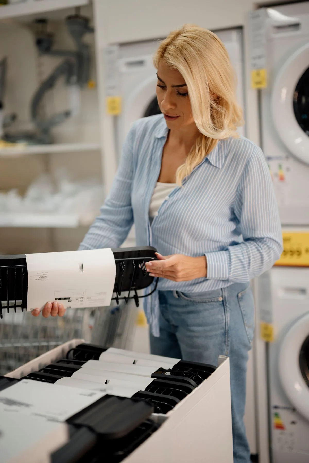 Shopper reading product details on an appliance in a retail aisle
