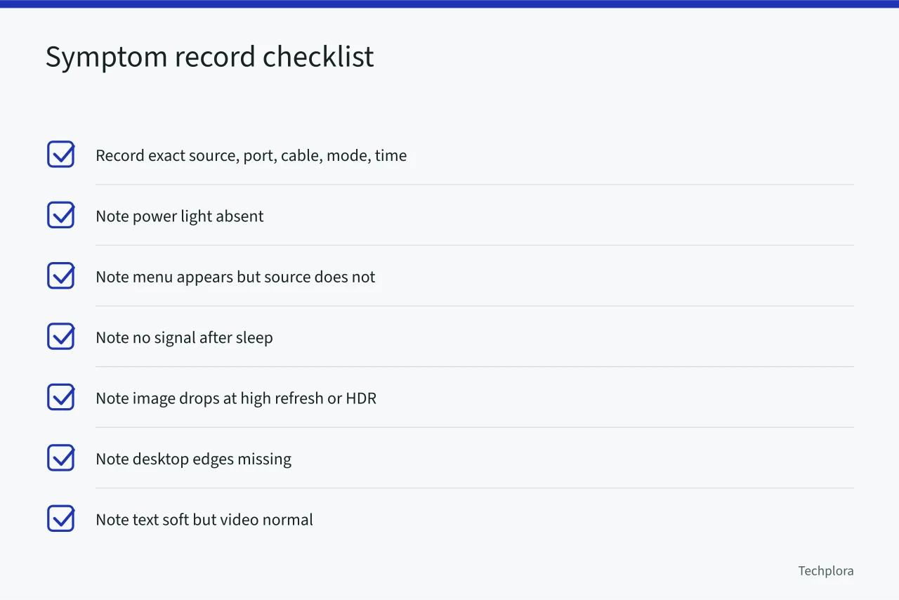 Checklist of monitor and TV symptoms to record before troubleshooting (Blank screens, blur, or wrong color: monitor and TV troubleshooting basics)