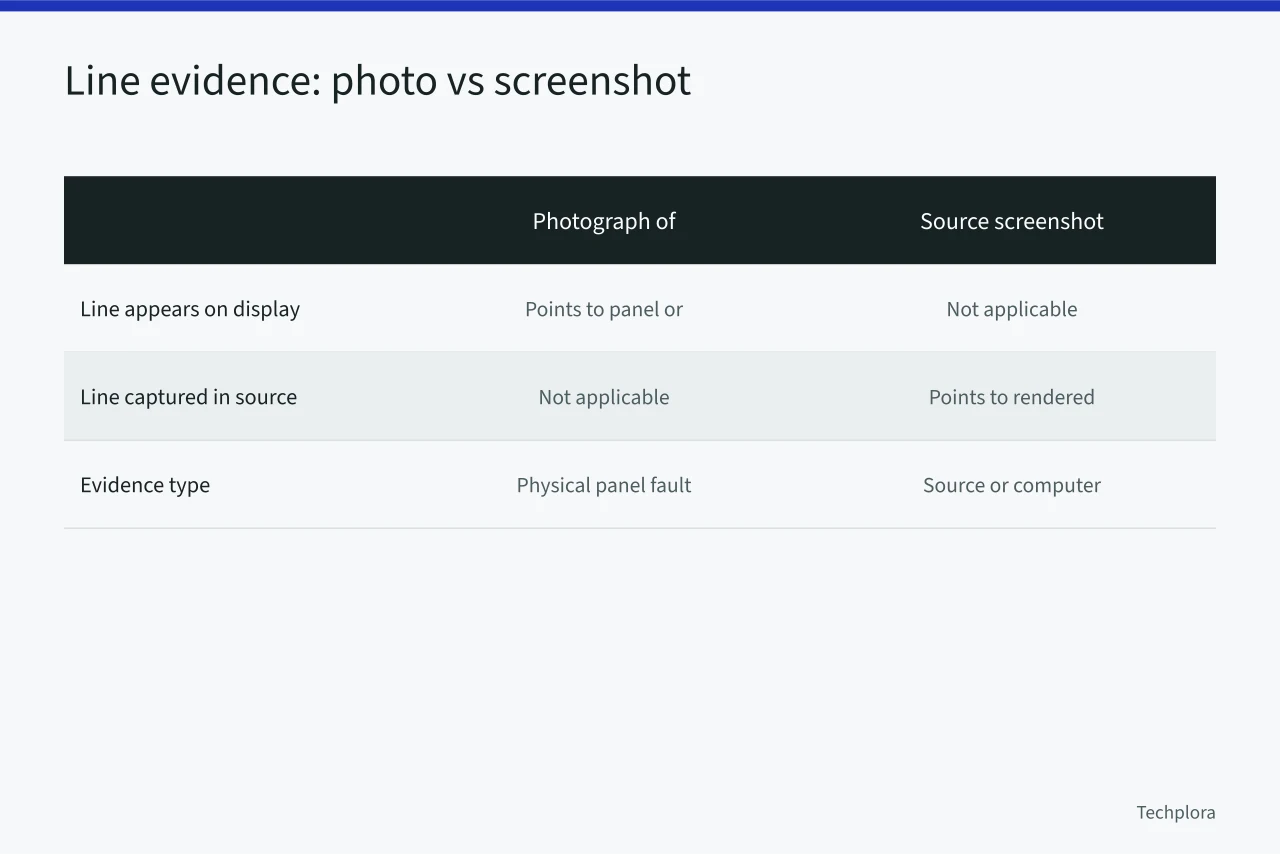 Comparison table of screen photograph versus source screenshot for line faults (Blank screens, blur, or wrong color: monitor and TV troubleshooting basics)