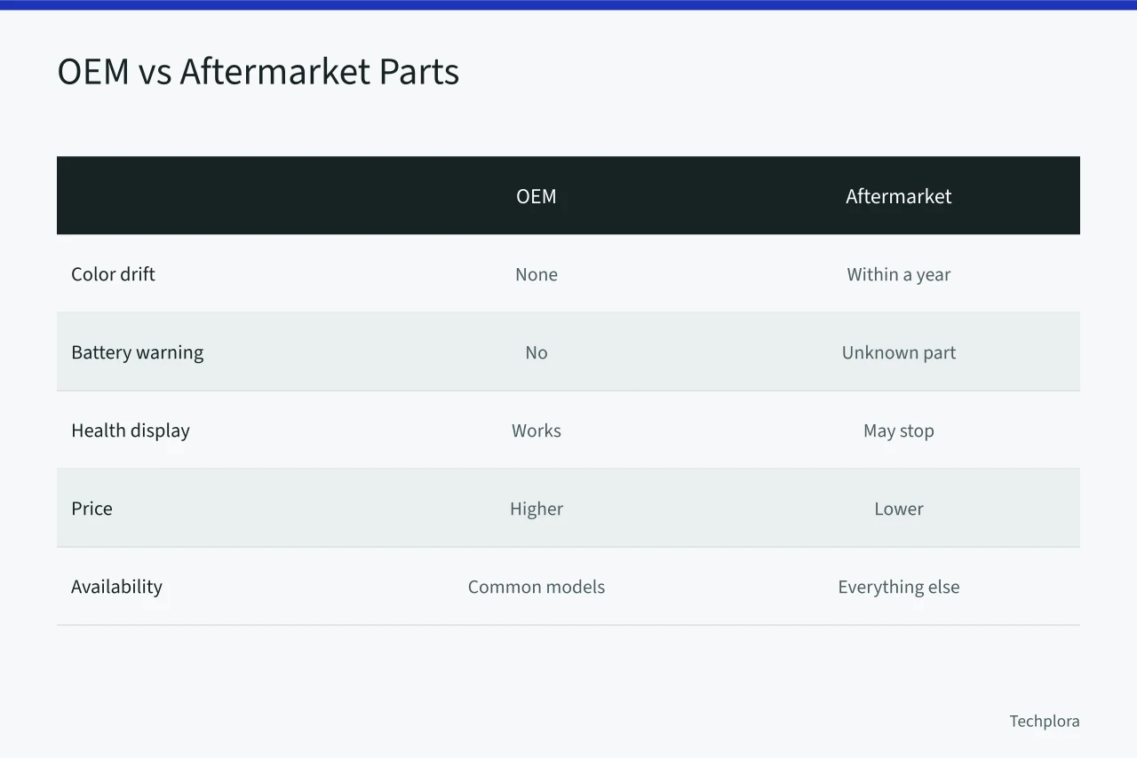 Comparison table of OEM versus aftermarket phone parts (How to Find a Phone Repair Shop That Actually Uses OEM Parts)