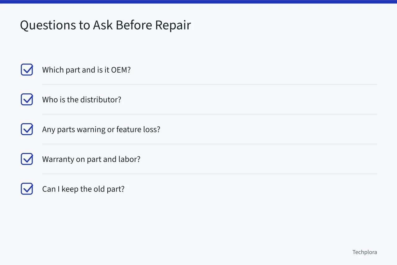 Checklist of five questions to ask a repair shop (How to Find a Phone Repair Shop That Actually Uses OEM Parts)