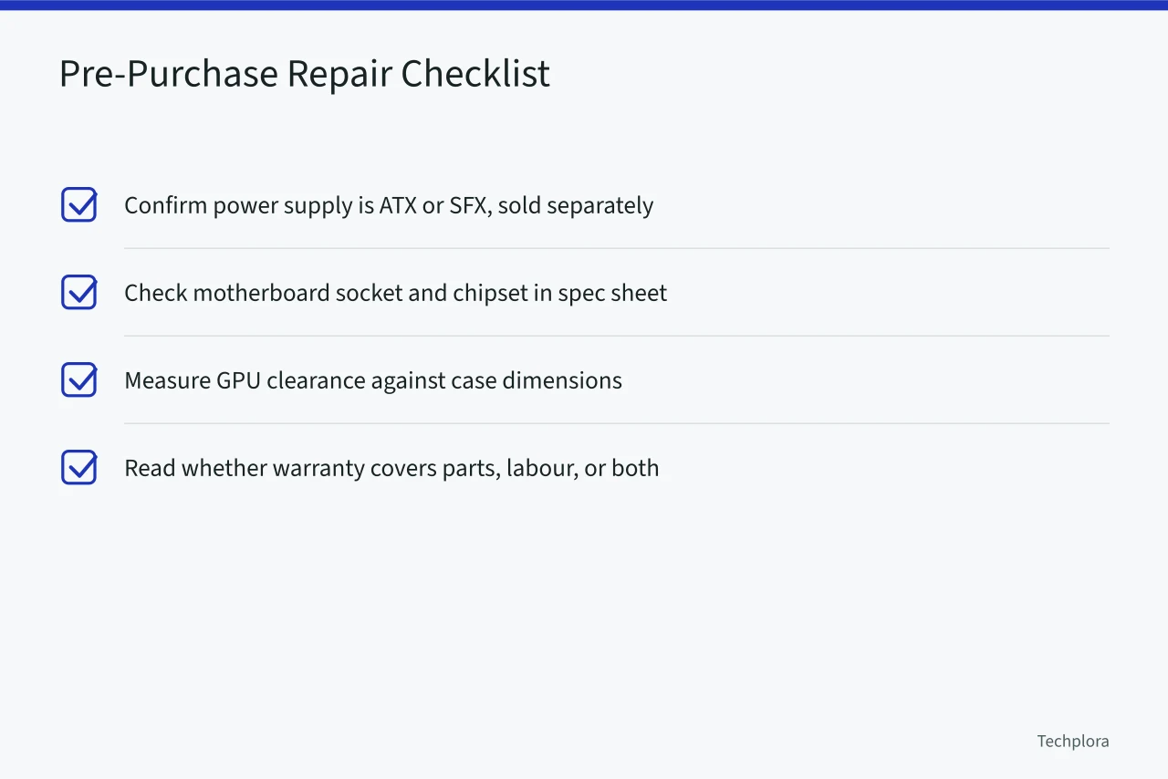 Checklist of four pre-purchase checks for desktop PC repairability (Prebuilt vs Custom Desktop PC: Which One Is Easier to Repair and Upgrade?)