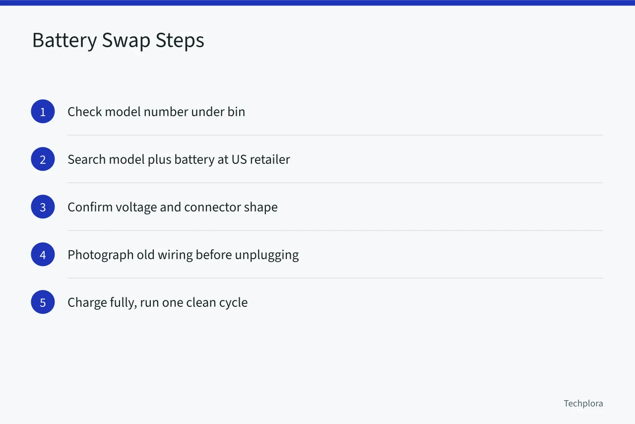 Five-step diagram for replacing a robot vacuum battery (Robot Vacuum Battery Replacement: When It's Worth It vs Buying New)