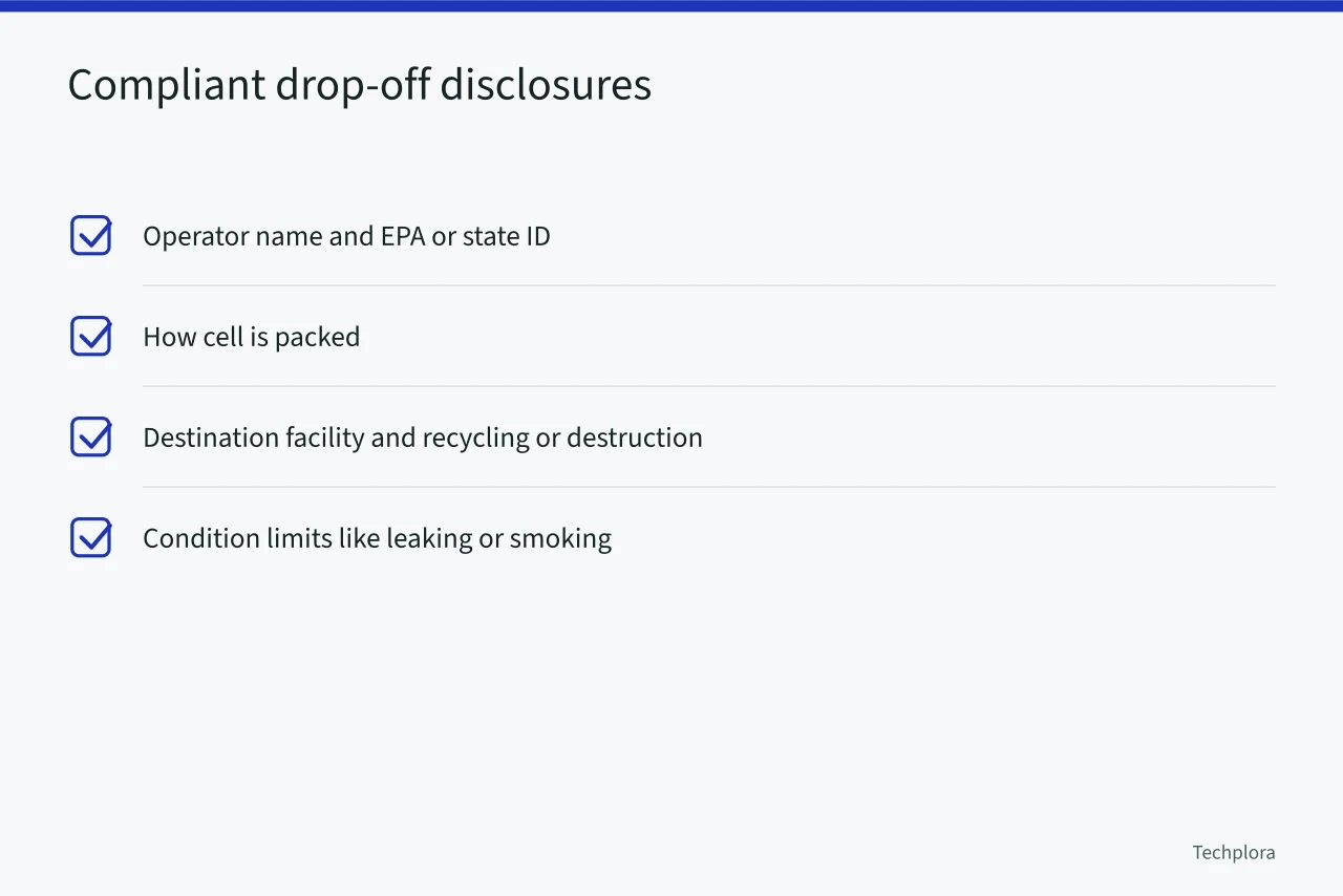 Checklist of four disclosures a compliant battery drop-off must provide (How to Dispose of a Swollen Phone Battery Safely)