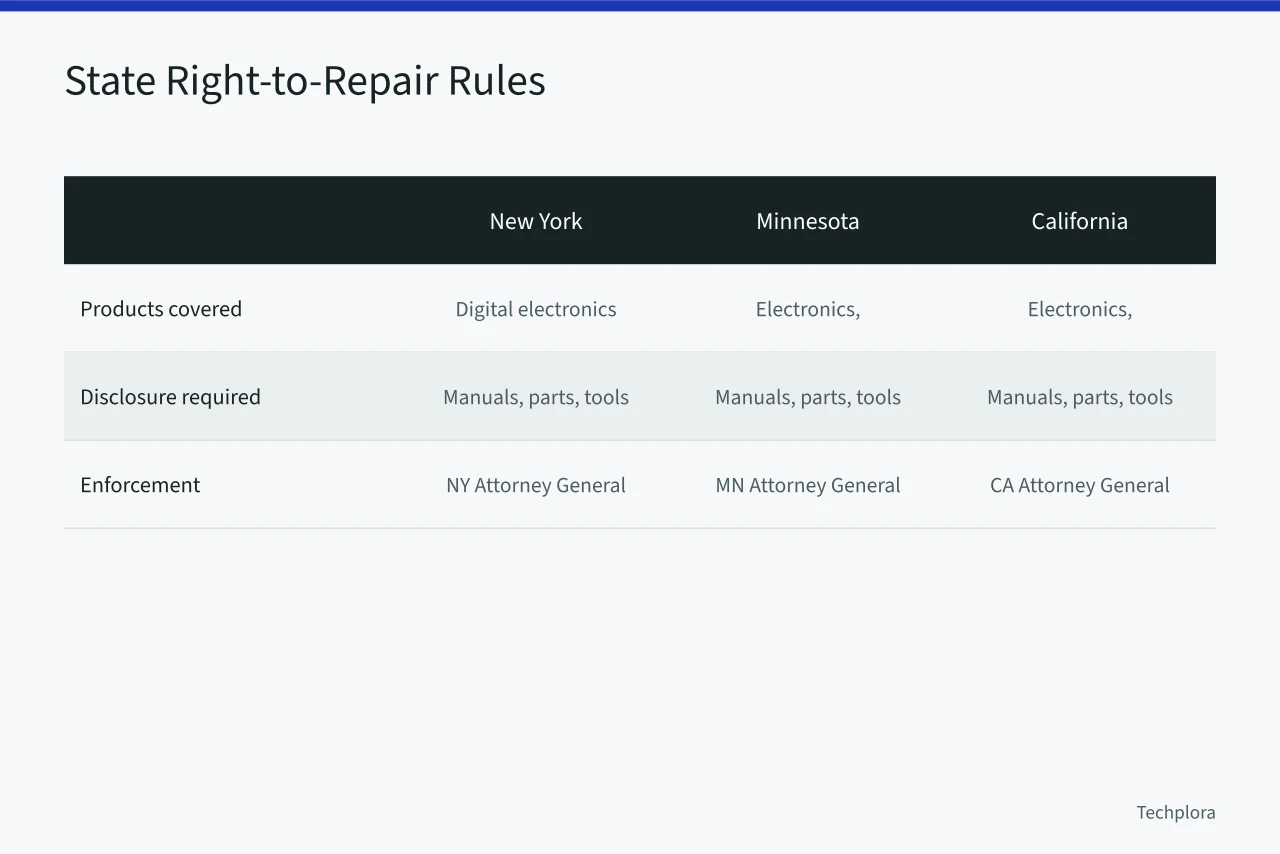 Comparison table of New York, Minnesota, and California right-to-repair laws (US Right-to-Repair Laws: What They Mean for Buying Electronics)